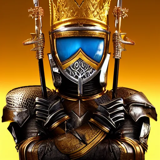 Image similar to a highly detailed knight in a T golden helmet and a golden crown with a blue diamond in the center, golden armor, leather clothes under the armor, leather gloves, holds a black sword, artstation, DeviantArt, professional, octane render, sunset lighting