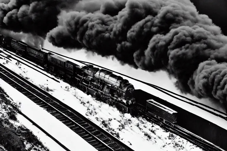 Prompt: black and white photograph of snowpiercer thundering down the rails at high speed, black smoke coming from the locomotive, cinematic, volumetric light, f 6 aperture, cinematic eastman 5 3 8 4 film