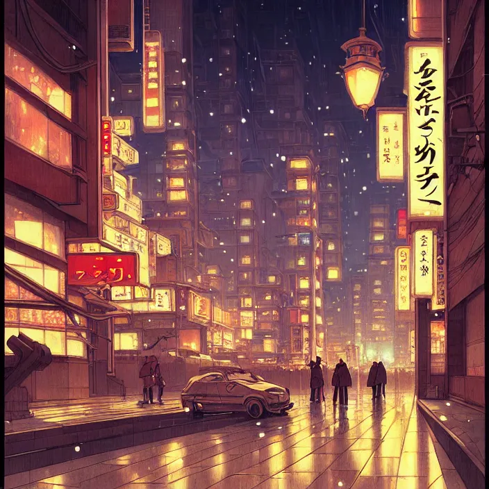 Image similar to empty tokyo at night, winter, in the style of studio ghibli, j. c. leyendecker, greg rutkowski, artem