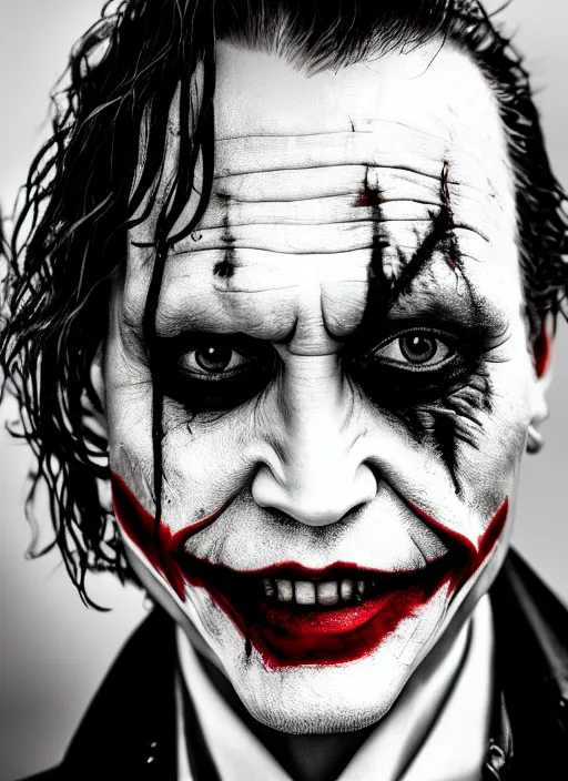 Prompt: photo of Johnny Depp as the Joker by Lee Jeffries , big smile, head shot, detailed, award winning, Sony a7R