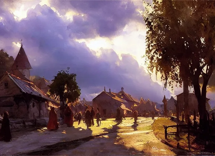 Image similar to oil painting of medieval village in dawn by anders zorn, wonderful art by greg rutkowski, incredible lighting, shadows, beautiful cinematic light, american romanticism by greg manchess, tall rocky mountains and storm clouds, sun rays, sunshine, bright sunny summer day