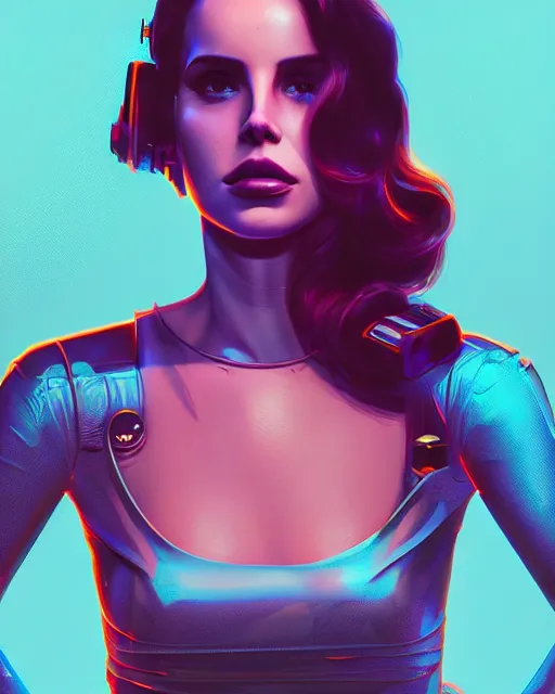 Image similar to portrait of lana del rey as a cyborg. intricate abstract. intricate artwork cyberpunk by tooth wu, wlop, beeple, dan mumford. octane render, trending on artstation, greg rutkowski ruan jia, cinematic lighting, hyper realism, high detail, octane render, 8 k, key art, blue and pink iridescent accents