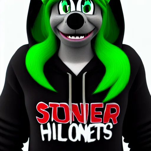 Image similar to a stoner with a black hoodie on with a marijuana themed dark green pony head from my little pony, 3 d, blender 3 d, render, extremely detailed, 8 k, stoned red eyes