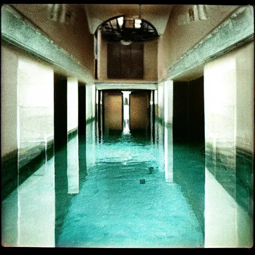 Prompt: a flooded hotel hallway leading to an indoor pool, polaroid, liminal space, surreal,