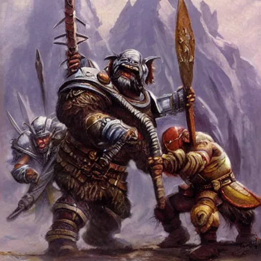 Prompt: Dwarven iron guard fighting a troll. Dnd. Epic painting by james gurney.