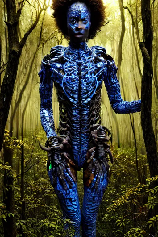 Prompt: hyperrealistic expressive! black woman with detailed exoskeleton armor, touching tree in a forest, digital art masterpiece brad kunkle hannah yata dramatic blue light low angle hd 8k sharp focus