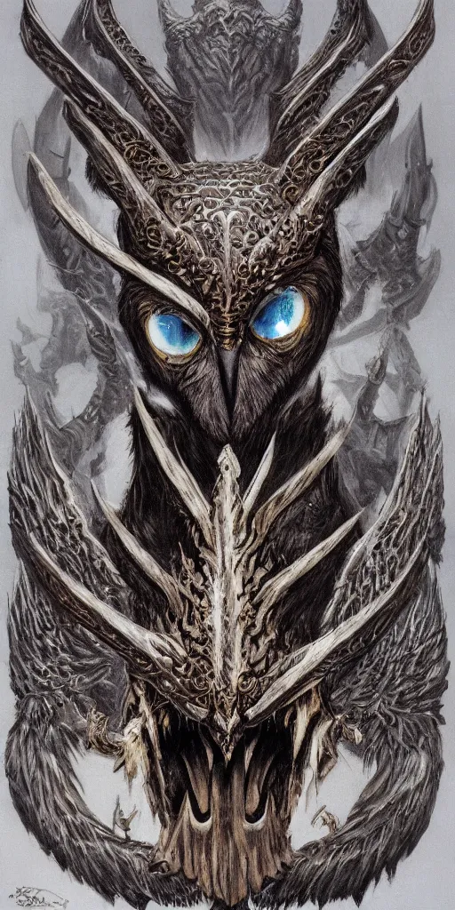 Image similar to sideview concept art of owl wear baphomet armor made with porcelain by jeff easley and peter elson, beautiful eyes and face, symmetry face, galaxy, gothic, surreal, dread, highly detailed, intricate complexity, epic composition, magical atmosphere, masterpiece, award winning, trending on artstation