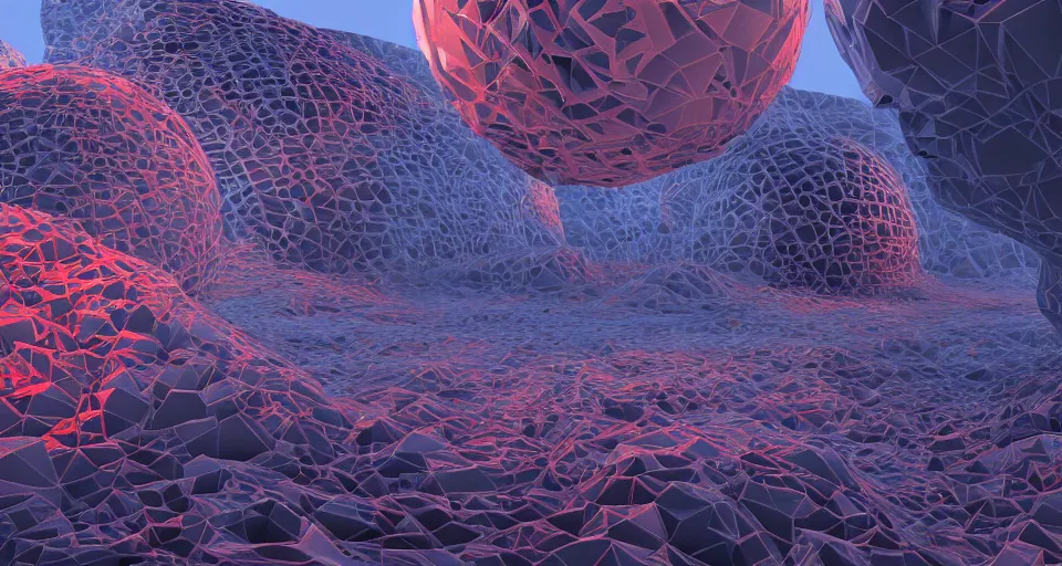 Prompt: 1 9 9 0 s bryce 3 d render of a surreal landscape with towering abstract structures and reflective spheres, 3 d video game, abstract, ray - traced, atmosphere, octane render, depth of field, unreal engine 5, vibrant color, trending on artstation, ultra high detail, ultra realistic, cinematic, focused, 8 k