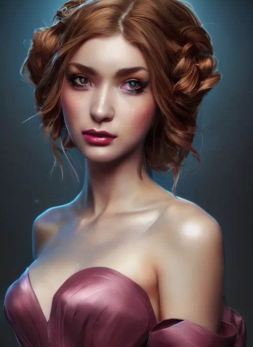 Image similar to beautiful fashion goddness, strapless dress, character portrait in the style of thomas river and artgerm, wlop, cinematic lighting, hyperdetailed, 8 k realistic, symmetrical, global illumination, radiant light, halo, love and mercy, frostbite 3 engine, cryengine, dof, trending on artstation, digital art, chanel