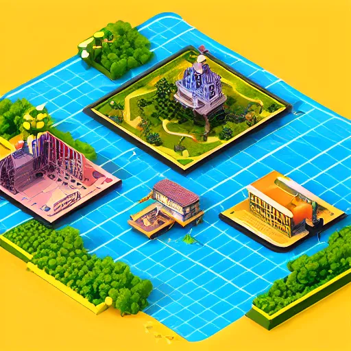 Image similar to isometric game art big world view with grid that separates islands, lights with bloom, trending on artstation, mohamed chahin style, cycles render with ambient lights and volume 4 k