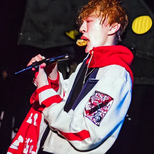 Prompt: bladee eating kfc chicken on stage at the drain gang concert