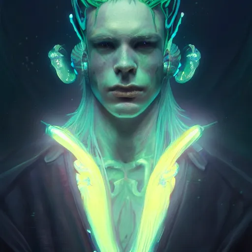 Prompt: portrait, bioluminescent male creature, japanese gothic, concept art, expressive, highly detailed, digital painting, cinematic lighting, hyperrealism, dark retrowave, art by stanley lau and artgerm and magali villeneuve and alphonse mucha, artstation, octane render, cgsociety h 6 4 0