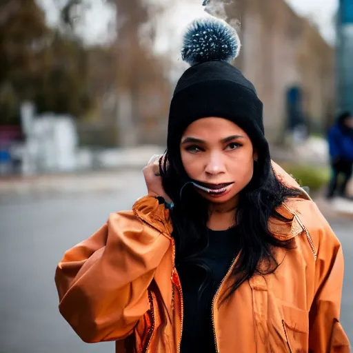 Prompt: Photograph of a mixed woman smoking, wearing a black beanie and black bomber jacket, urban environment, depth of field, 4k, 8k, hd, award-winning, sigma 85mm f/1.4, close up