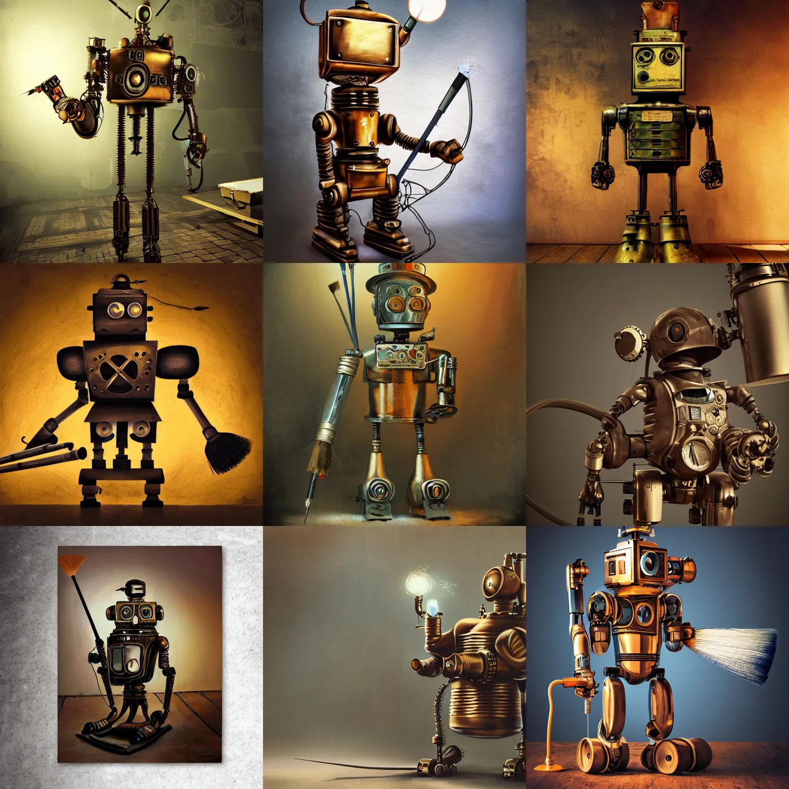 Prompt: old photo of a steampunk robot holding big paintbrush, painting a canvas, photorealism, 4 k, beautiful light