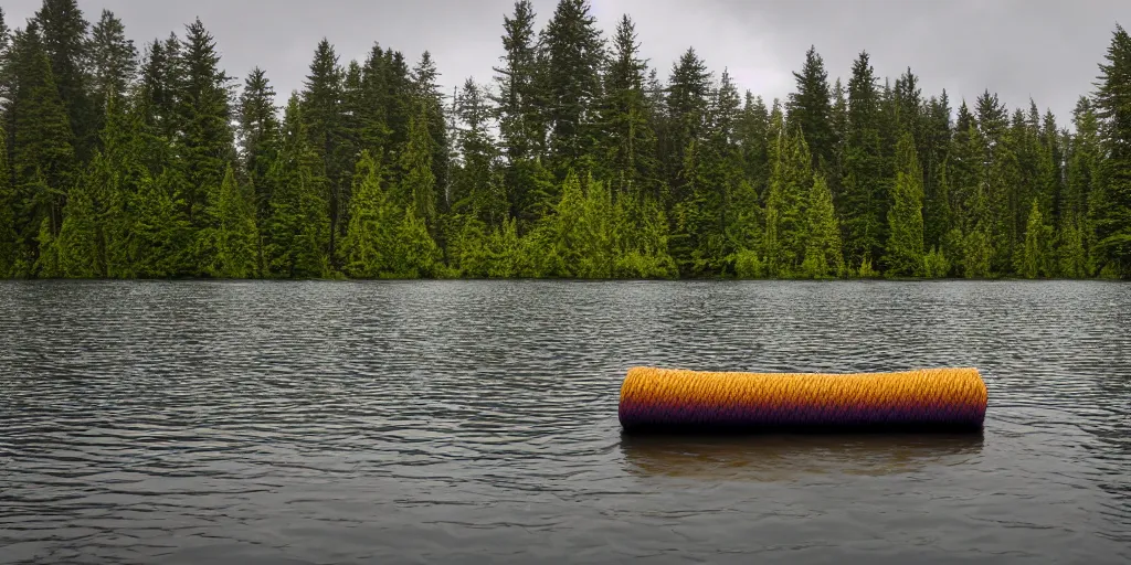 Prompt: an infinitely long colored rope zig - zagging across the surface of the water into the distance, floating submerged rope stretching out towards the center of the lake, a dark lake on an overcast day, atmospheric, color film, trees in the background, hyper - detailed photo, anamorphic lens