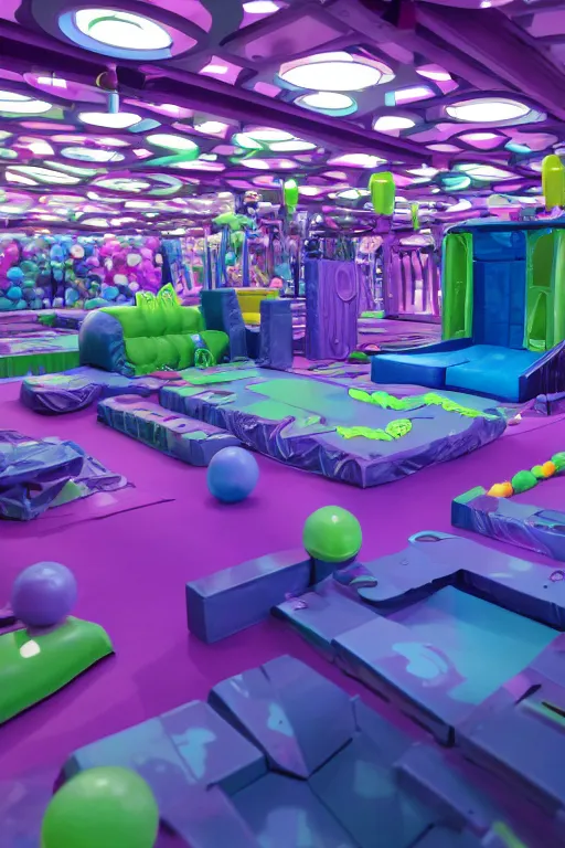 Prompt: Cybertron, the inside of a Discovery Zone soft play area for goth Decepticons, pastel purple ballpit, Deception and goth colors, cinematography by Wes Anderson, 4k octane render, photorealistic , cinematic lighting, Artstation