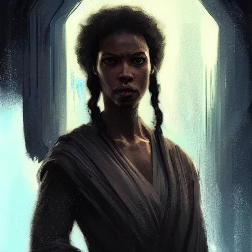 Prompt: portrait of a woman by greg rutkowski, youn jedi knight, black, afro hair, prettt, star wars expanded universe, she is about 2 0 years old, wearing jedi robes, highly detailed portrait, digital painting, artstation, concept art, smooth, sharp foccus ilustration, artstation hq