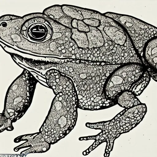 Image similar to botanical technical drawing of a toad samurai :: Cottage core :: fine detailed :: line art :: lithography :: ink detail and color