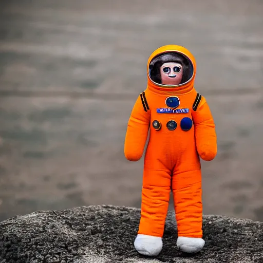 Image similar to Fumo plush of a Soviet cosmonaut in an orange spacesuit SK-1, Vostok-1, EOS-1D, f/1.4, ISO 200, 1/160s, 8K, RAW, unedited, symmetrical balance, in-frame