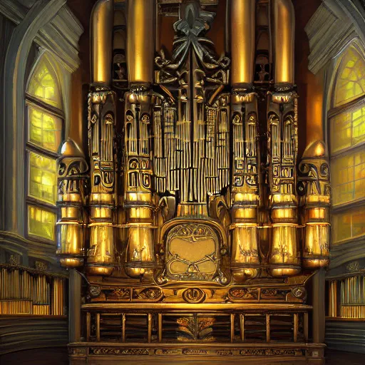 Prompt: gigantic pipe organ, oil painting, digital art, trending on artstation, highly detailed, 8k, luminous, biomechanical