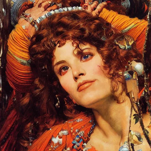 Image similar to portrait of a beautiful goddess, painted by jack kirby, lawrence alma tadema, norman rockwell, greg staples, wayne barlow, jacob collins, tom lovell, frank schoonover, neville page