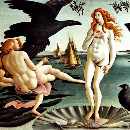 Image similar to high quality oil painting by botticelli, birth of venus with a raven bird