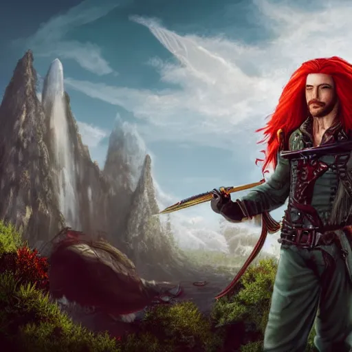 Image similar to male sky-pirate with long red hair standing in front of an airship, high detail face, realistic, ultra detailed, shallow focus, forest, mountains in the background concept art design as if designed by Wētā Workshop