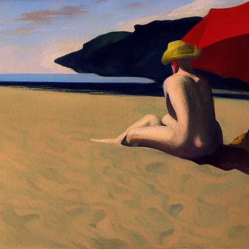 Image similar to a detailed painting, blonde man at a beach, edward hopper,