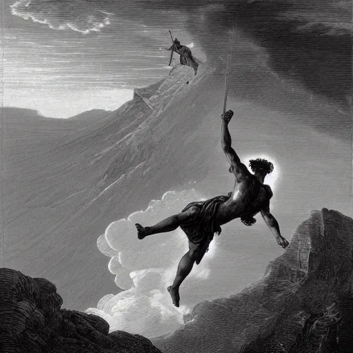 Prompt: A biblical painting of Jacob dropkicking an angel at the top of a mountain by Gustave Doré, black and white palette, Scenic, Dramatic, detailed, dropkick