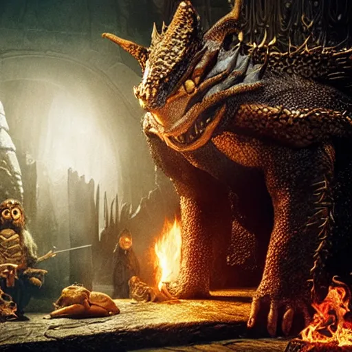 Prompt: “the hobbit and Smaug with his treasure hoard, 8k, animation, henry selick, detailed”