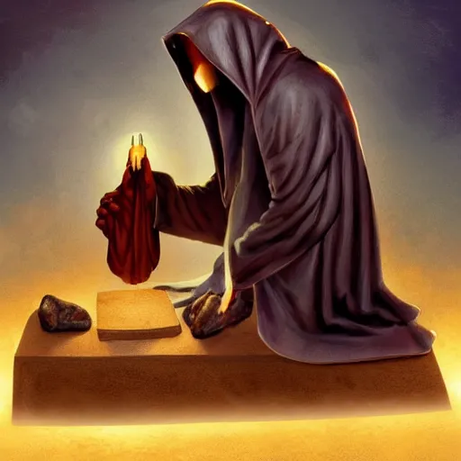 Image similar to a hooded cultist is stabbing a banana placed on an altar, in front of a stone statue of a forgotten god, by patrick mcenvoy and michael komarck and fantasy flight, incredible quality, trending on artstation