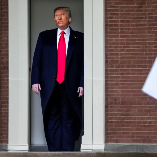 Image similar to Donald Trump entering meeting office of American Psycho, with a white card in his hand