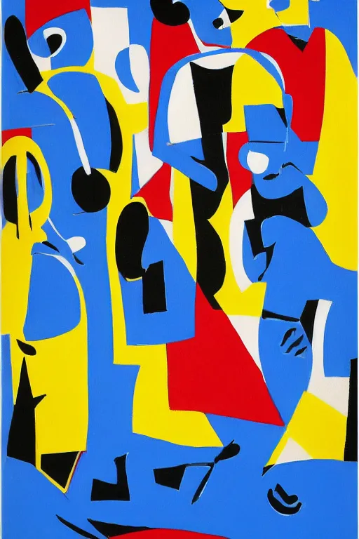 Image similar to Abstract painting representation of jazz musicians, the letters JAZZ in the style of Stuart Davis colors cobalt blue, ultramarine blue, yellow, red, white, black