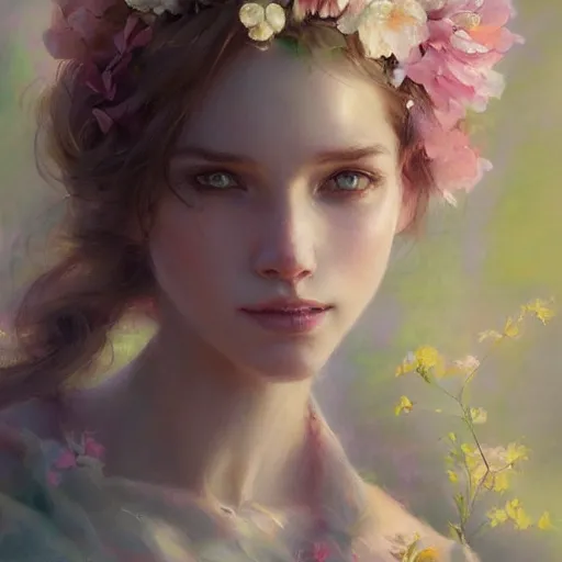 Prompt: beautiful woman, flowers, pastel colors, pearlescent, fantasy, featured on artstation, in the style of daniel gerhartz and krenz cushart, Alexis Franklin, Thomas River, WLOP, Artgerm