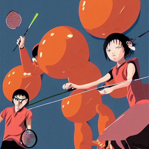 Image similar to illustration of monkeys playing badminton by ilya kuvshinov katsuhiro otomo