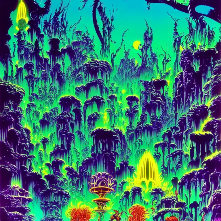 Prompt: massive psychedelic cat rampage in mystical crystal city, bright neon colors, highly detailed, cinematic, eyvind earle, tim white, philippe druillet, roger dean, lisa frank, aubrey beardsley