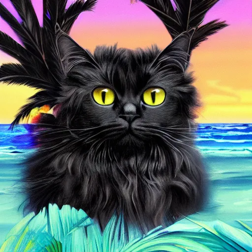 Prompt: oil painting portrait of a long haired fluffy black cat wearing flower crown and lei necklace gazing at a sunset over the ocean on tropical island background with palm trees digital art, concept art, highly detailed, 3-D 4k, trending on art station, Mark Brooks,