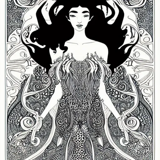 Image similar to filigree detailed illustration portrait of a profile of gypsy girl with long curly hair and big goat horns on her head, aubrey beardsley, tomer hanuka, makoto shinkai