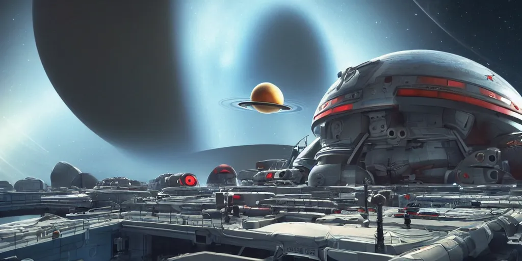 Image similar to movie still far view of a spaceship docked in space around planet saturn. huge ladybug looking robots fix the spaceship outside. detailed, cgsociety, highly detailed, dramatic lighting, coherent, octane, silent running, fifth element, 4 k.