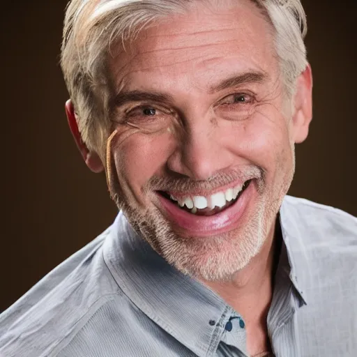 Prompt: a man in his late 40s with a narrow face, haggard long gray blond hair and a psychopathic smile, realistic studio photo