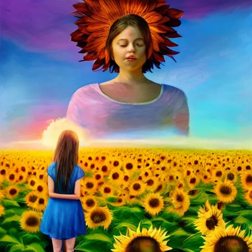 Image similar to giant sunflower head, portrait of girl in flower field, holding daisies, surreal photography, sunrise, impressionist painting, colorful clouds, digital painting, artstation, simon stalenhag, flower face