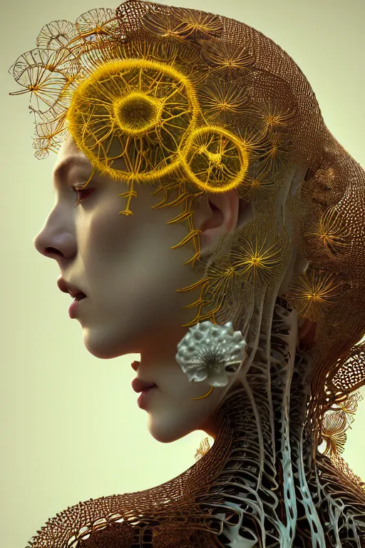 Image similar to intricate hyper detailed ultra sharp 3 d render of a beautiful porcelain biomechanical woman profile portrait, large pore fungi embroidered, cyberpunk art nouveau, haute couture leaves stems blooming dahlia transparent fractal dandelion yellow pistil filigree roots, intricate details, octane render, volumetric cinematic lighting, vray tracing, 8 k post - production