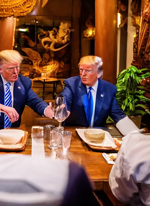 Image similar to Trump and Biden having dinner at a fancy Balinese restaurant, award winning photography, sigma 85mm Lens F/1.4, perfect faces
