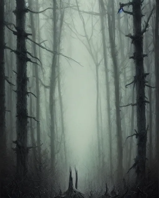 Image similar to oil painting of forest spirit made out of wooden sticks with a deer skull for a face, dark forest, fog, dark fantasy, gloomy, pale colors, by greg rutkowski