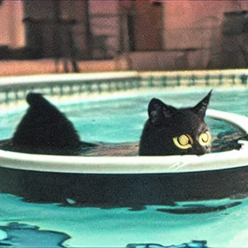 Image similar to vhs footage of a black cat swimming around underwater