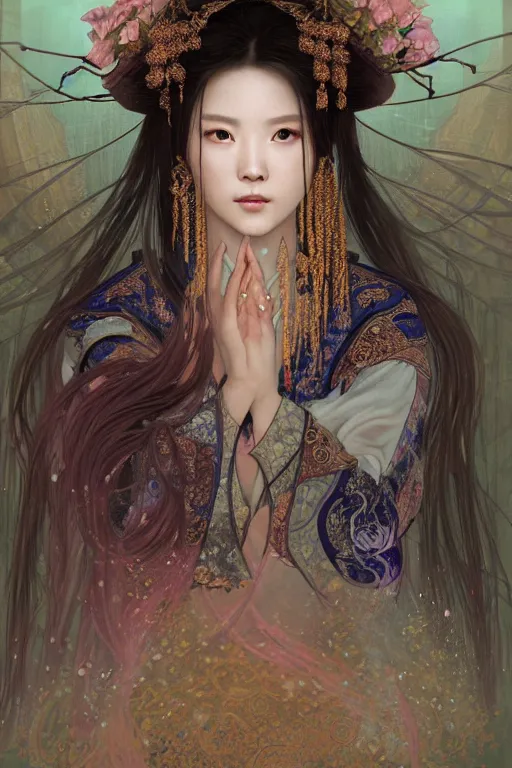 Prompt: beautiful ancient fantasy portrait of wuxia heroine like tzuyz twice, in forbidden City, flowers rainning everywhere, beautiful glowing galaxy eyes, hybrid from Dynasty Warriror, artstation, concept art, smooth, sharp focus, illustration, art by tian zi and WLOP and alphonse mucha, fantasy, intricate, very very beautiful, elegant, highly detailed, digital painting