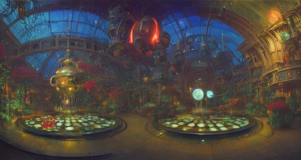 Image similar to fish eye lens a bright minimalist bioluminescent oil painting by donato giancola, warm coloured, cinematic scifi luxurious futuristic foggy steam filled victorian garden mall interior with microscopy radial windows flowers growing out of pretty bulbous ceramic fountains, gigantic pillars and flowers, maschinen krieger, beeple, star trek, star wars, ilm, atmospheric perspective