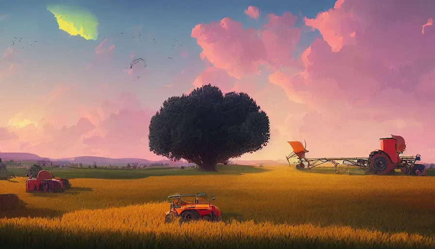 Image similar to colourful sky, wheat field, harvesting machines, big tree, matte painting, art station, digital art, simon stalenhag