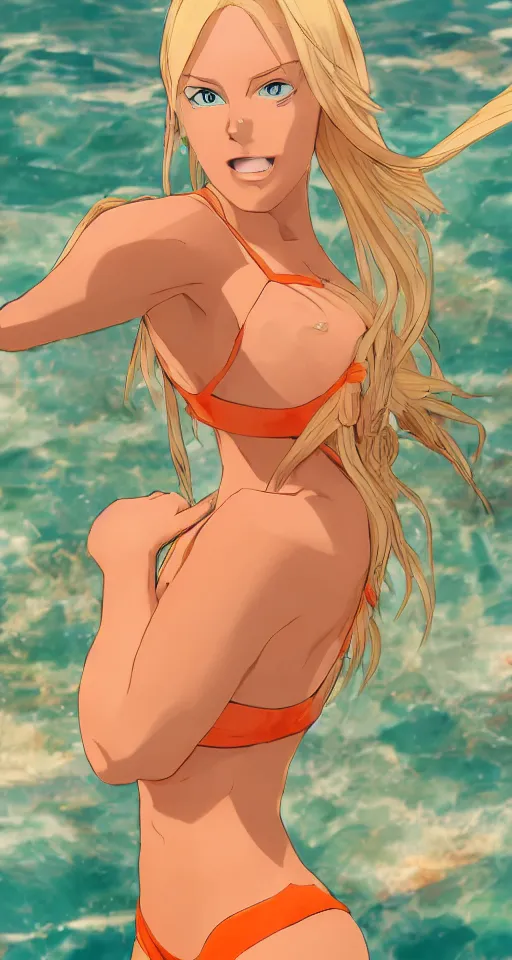 Image similar to beautiful blond woman in orange tribal bikini, blond hair pulled back off the face, green eyes, by makoto shinkai, 8 k, high resolution render, cinematic, unreal engine, clean lineart and flat color,