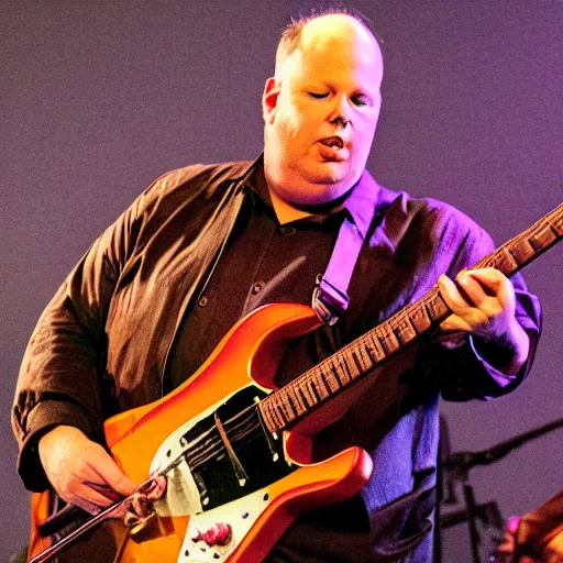 Prompt: Black Francis playing a giant piece of bacon like a guitar, illustration